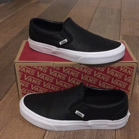 black leather slip on vans